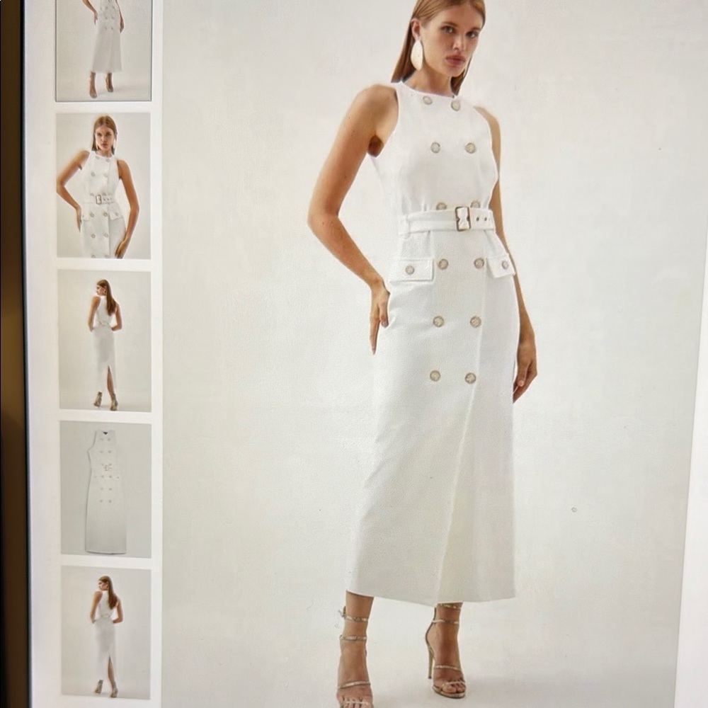 Karen Mullen Ponte Button Detail Belted Ivory  Dress